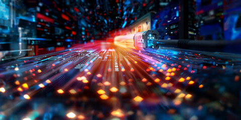 Obraz premium Business powerpoint presentation layout showing fiber optic cable, safe internet, television