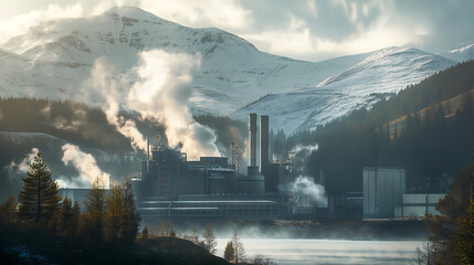 Industry environmentally friendly power plant. View of a geothermal energy production plant or a green power generation factory. Industry eco power for sustainable energy saving environmental

