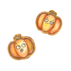Hand-drawn watercolor set of gingerbread pumpkins with eyes