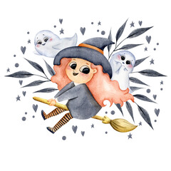 Hand-drawn watercolor Halloween composition with a red witch on a broomstick, cute ghosts and leaves