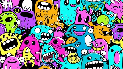 colorful doodle seamless pattern monsters abstract open mouth with sharp teeth and fang.