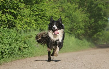 Pretty black and white border collie runs on a sandy path with a very long tongue and has fun