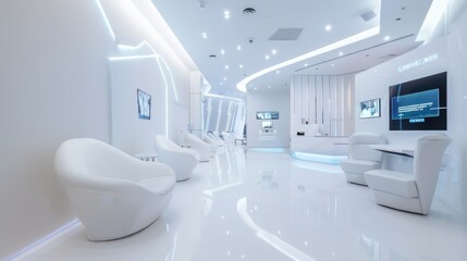 A futuristic interior design in an all-white aesthetic with sleek LED lighting and curved modern furnishings.