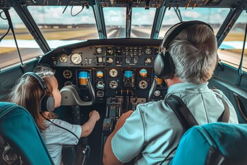Father and his daughter preparing for flight Father pilot and his daughter sitting in propeller airplane and preparing for flight