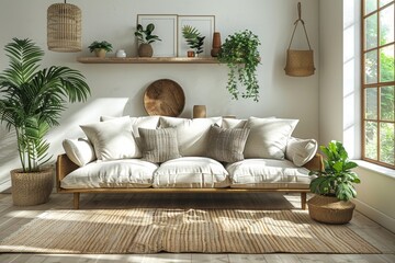 Bright and airy living space with cozy white couch and various plants providing a natural and relaxing ambiance