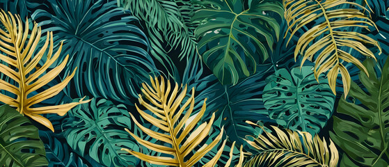 Naklejka premium Blue and gold tropical leaves Monstera, palm, fern. Ornamental plants backdrop. Exotic jungle rainforest background