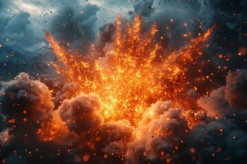 Fototapeta premium A dramatic and dynamic image of a fiery explosion with billowing smoke and bright flames against a stormy sky