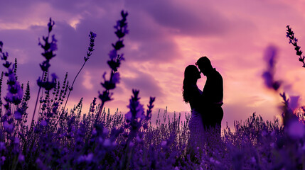 An inspiring silhouette of a couple embracing in a field of lavender, with the fragrant blooms and soft colors providing a romantic setting for the marriage proposal. Dynamic and d