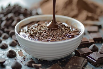 A delicious close-up of chocolate syrup being poured over a bowl of finely chopped chocolate pieces