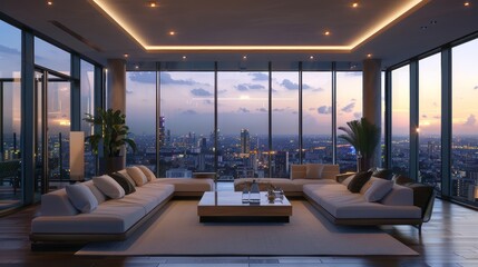 A luxury penthouse apartment with panoramic city views.