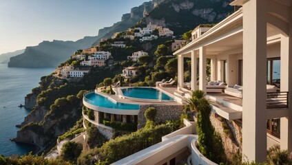 Luxury villa on Amalfi Coast, panoramic views of Mediterranean, cliffside terraces.