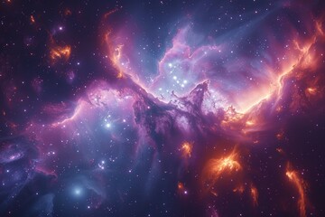 A digital space background with nebula-like formations and a blend of purple hues dominating the...