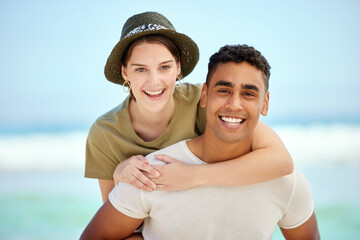 Portrait, piggyback and happy couple at beach on holiday, vacation or travel in summer together....