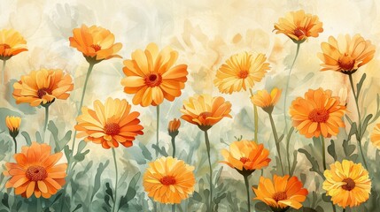 Calendula Blooms wallpaper features cheerful flowers in orange and yellow, bringing sunny optimism to garden beds. Their bright blooms evoke sun-dappled meadows and carefree summer days.