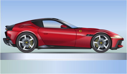 Fototapeta premium Maranello, Modena, Italy, may 2024, new Ferrari 12 Cilindri (12 cylinders) super car model, silhouette outlined, coloured vector illustration