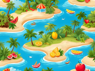 Summer greeting vector background design. Hello, summer text in miniature island with tropical season elements of fruits and leaves for fun and relaxing holiday vacation design. Vector illustration