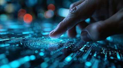 Binary Interaction. A fingertip meets glowing binary code, symbolizing the connection between humans and data.