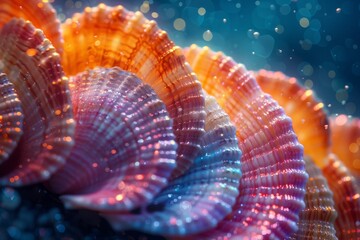 Vibrant seashells with a shimmering bokeh effect backdrop, emphasizing their iridescent textures