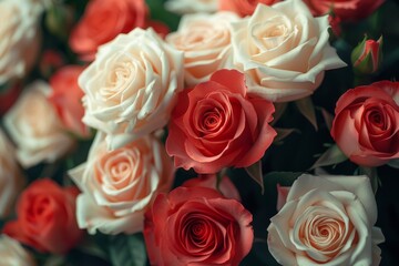 A dense bouquet of bicolor roses, showcasing elegance and romantic appeal