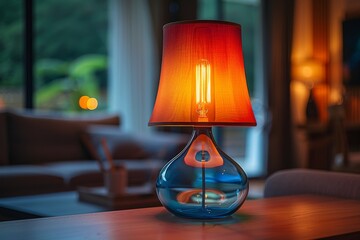 A chic transparent blue lamp with an Edison bulb creates a nostalgic yet fashionable atmosphere on a wooden table