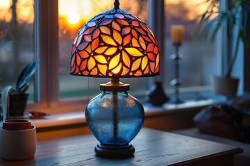 A beautiful stained glass lamp creates a cozy atmosphere near a window at sunset, adding color and warmth to the room - Powered by Adobe