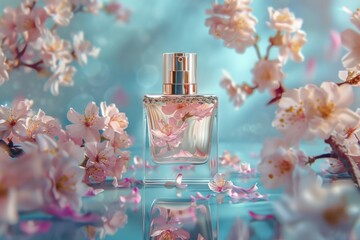 Cherry blossom's essence fills a luxury perfume bottle with zesty scent and fragrant blooms, enhanced by clean aroma effects, botanical play, and subtle shadow spray