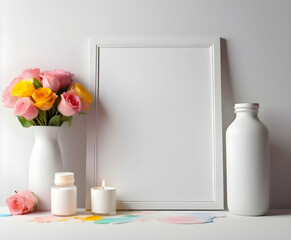 A white frame on a white table with a vase of colorful tulips, a white ceramic vase, and other decorative items