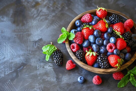 A bowl of fresh berries on a dark table.