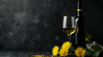 Bottle and glass of dandelion wine on black background - Powered by Adobe