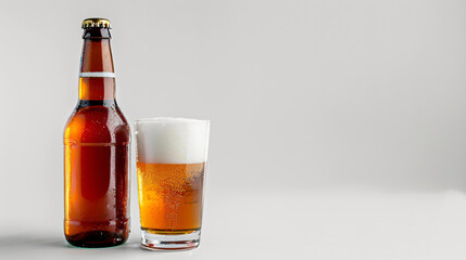 Bottle and glass of fresh beer on white background