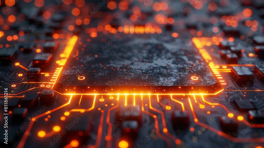 Poster a close-up capture of an illuminated circuit board highlighting the details and complexity of electr