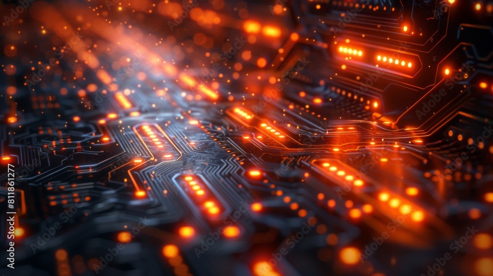 Poster a close-up capture of an illuminated circuit board highlighting the details and complexity of electr
