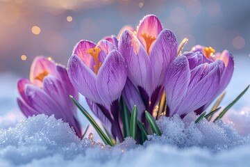 A vibrant cluster of dewy purple crocuses surrounded by snowflakes highlights nature's springtime awakening