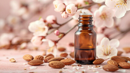 Bottle of almond essential oil on color background