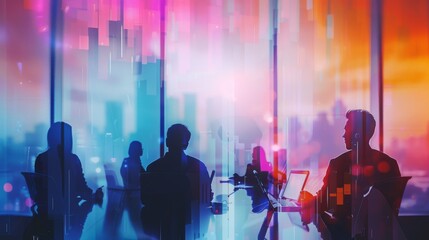 A group of professionals are silhouetted against the vibrant colors of a city at dusk, seen through the glass walls of a modern office.