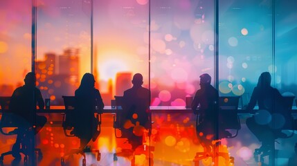 A group of professionals are silhouetted against the vibrant colors of a city at dusk, seen through the glass walls of a modern office.