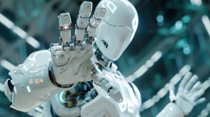 A white robot with a humanoid face and torso extends its open right palm against a backdrop of blurred city lights.
