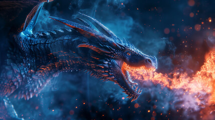 Blue dragon breathing fire on dark smoke background