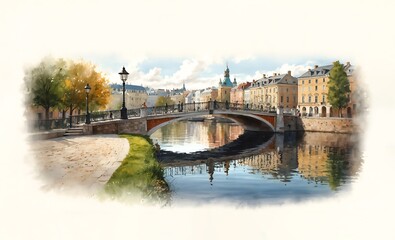  bridge over the river in the old town. watercolor style