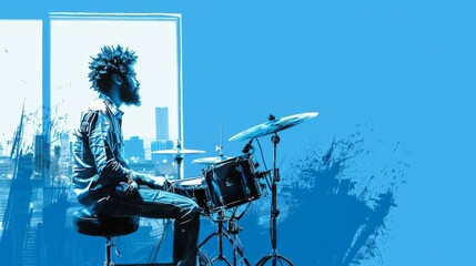 A man with focus and rhythm plays the drums, captured with a splash of blue tones giving a dynamic and artistic vibe.