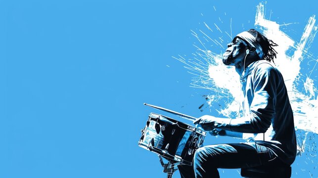 A man with focus and rhythm plays the drums, captured with a splash of blue tones giving a dynamic and artistic vibe.