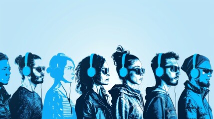 Five smiling young adults with different accessories, like headphones and sunglasses, against a vibrant blue backdrop.