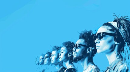 Five smiling young adults with different accessories, like headphones and sunglasses, against a vibrant blue backdrop.