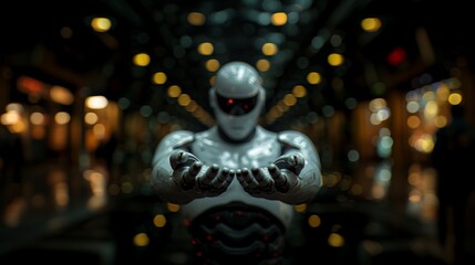 A sleek humanoid robot extends the open palm of its right hand towards the viewer, set against a blurred evening backdrop with warm lights.