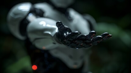 A white robot with a humanoid face and torso extends its open right palm against a backdrop of blurred city lights.