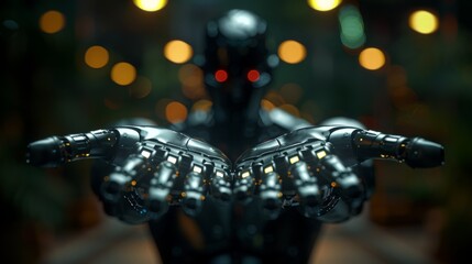 A sleek humanoid robot extends the open palm of its right hand towards the viewer, set against a blurred evening backdrop with warm lights.
