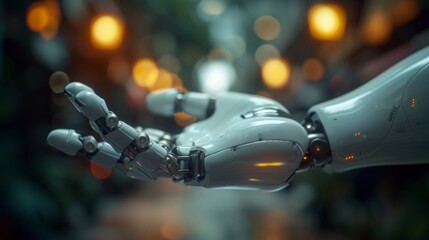 humanoid robot offering hand in urban night setting