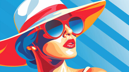 Stylish woman adorned in a red hat and sunglasses, set against a bold blue striped background, exuding a sense of retro fashion and confident summer vibes.