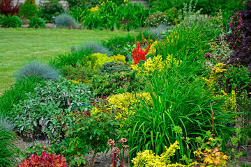 piękny ogród, rabata z bylinami i krzewami w wiosennym ogrodzie, kolorowa rabata w ogrodzie, flowerbed with perennials