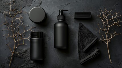 Beauty products arranged on a dark, matte background